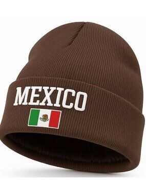 Fleece Lined Mexico Beanie Hat, Brown